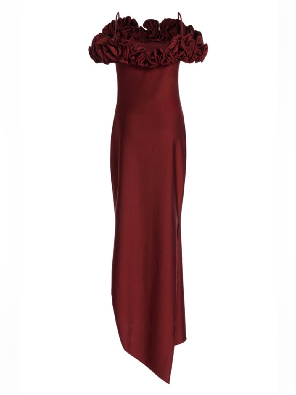 Coperni Rosette Detailed Off The Shoulder Satin Wine Red Maxi Dress - Picture 5 of 8